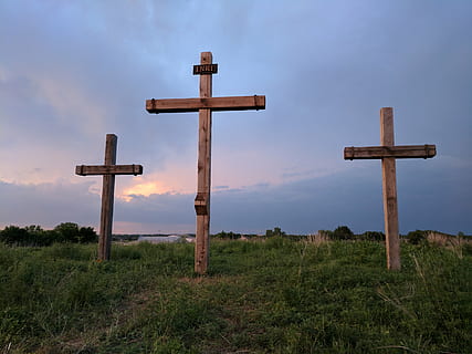 three brown wooden cross on grass hill, easter, crosses, easter sunday HD wallpaper