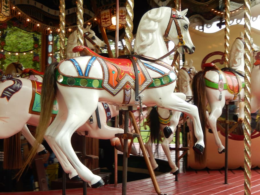 selective focus photography of white and brown horse carousel