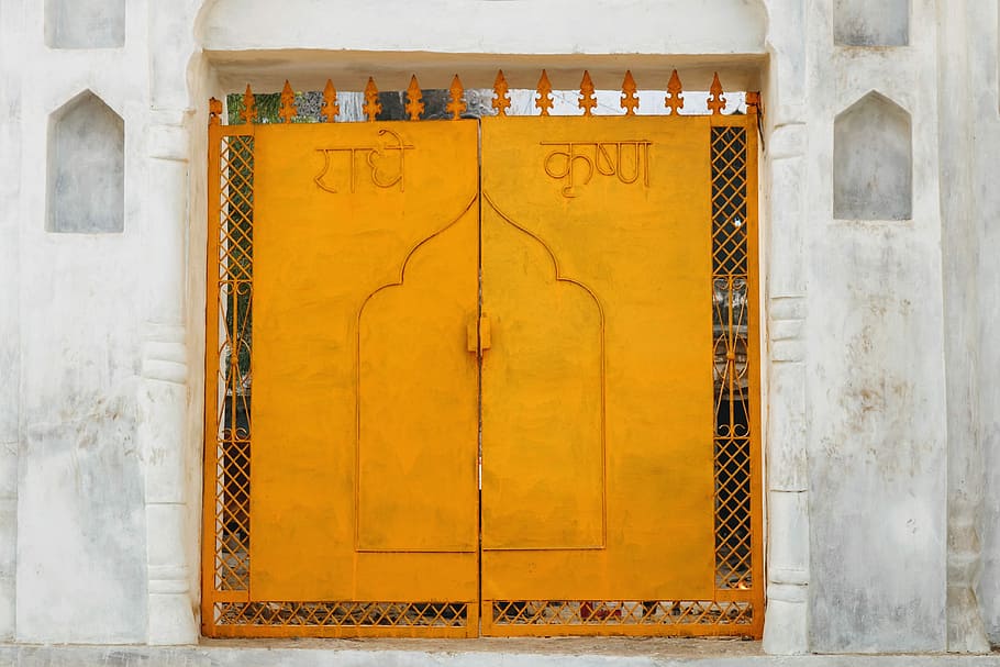 closed yellow metal gate, door, facade, wall, india, architecture HD wallpaper