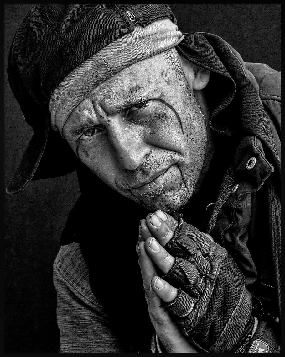 grayscale photo of man, homeless, youth, male, sad, young, person