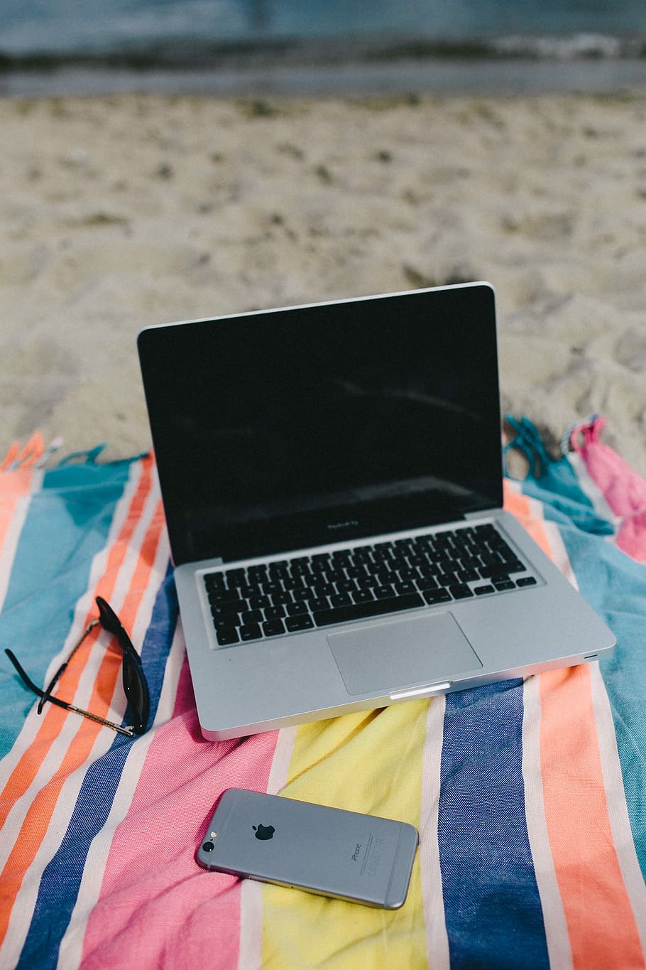 Together at the beach, sand, summer, computer, macbook, laptop