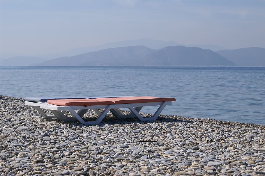 Turkey, Beach, Lounger, Empty, Sea, pebbles, pebble beach, water HD wallpaper