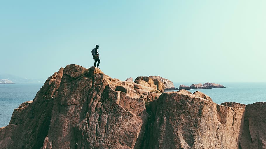person on cliff near body of water, sea, ocean, waves, nature HD wallpaper