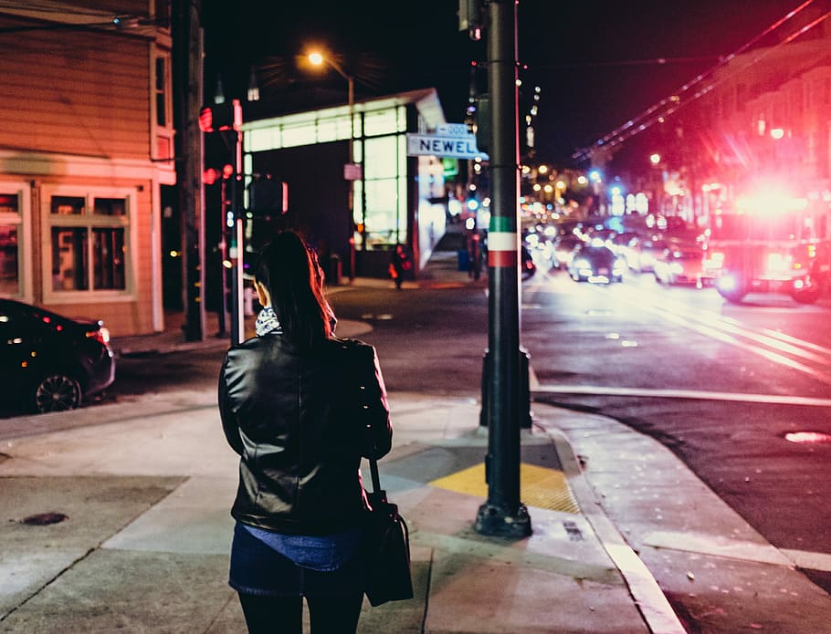 women's standing on sidewalk, street, urban Scene, city Life HD wallpaper