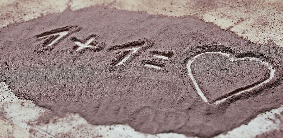 1 + 1 = heart sand artwork, love, 1 heart, together, background image, HD wallpaper