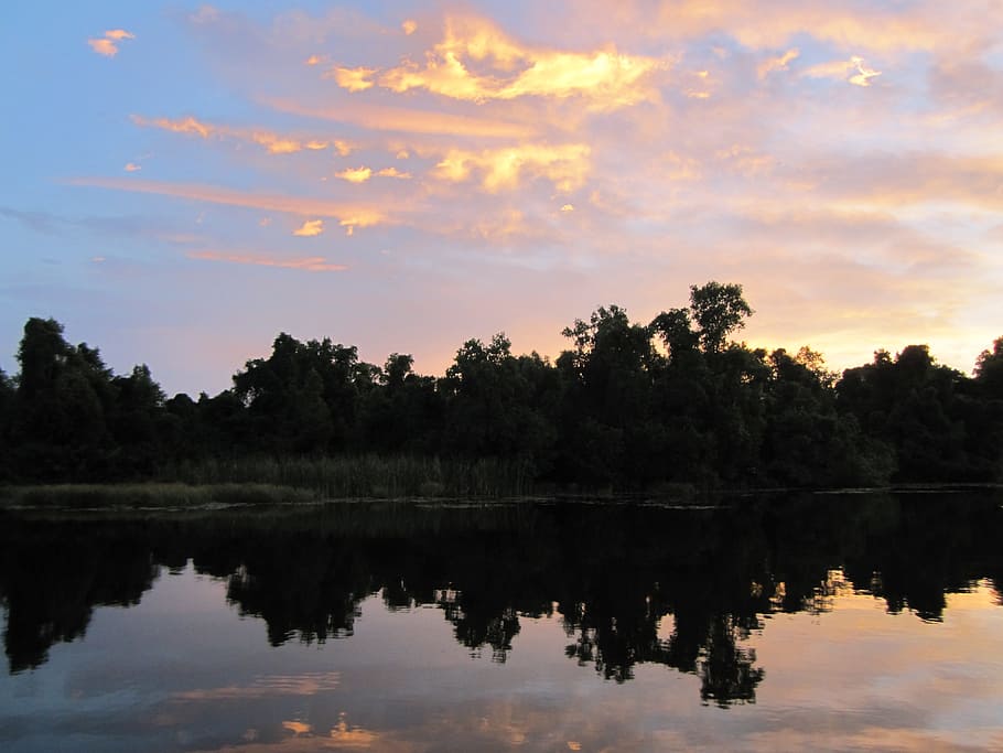 sunset, mirroring, water, lake, reflection, sky, tranquility HD wallpaper