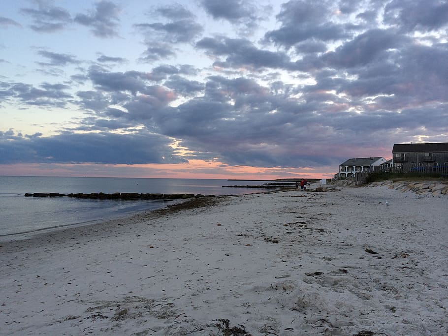 clouds, sunset, beach, sky, sand, shore, cloudy, evening, peaceful, HD wallpaper