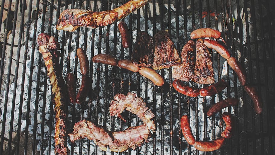 aerial photo of grill foods, toasted meat, grilled, bbq, barbeque HD wallpaper