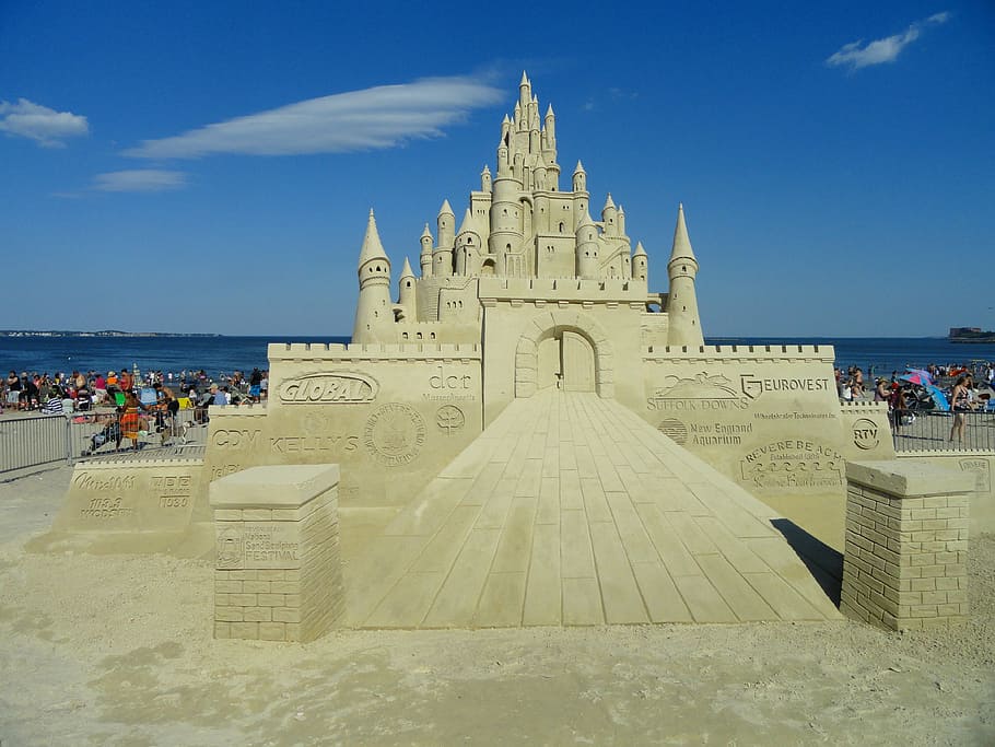 sand, sculpture, beach, sky, sun, design, scene, peaceful, castle, HD wallpaper