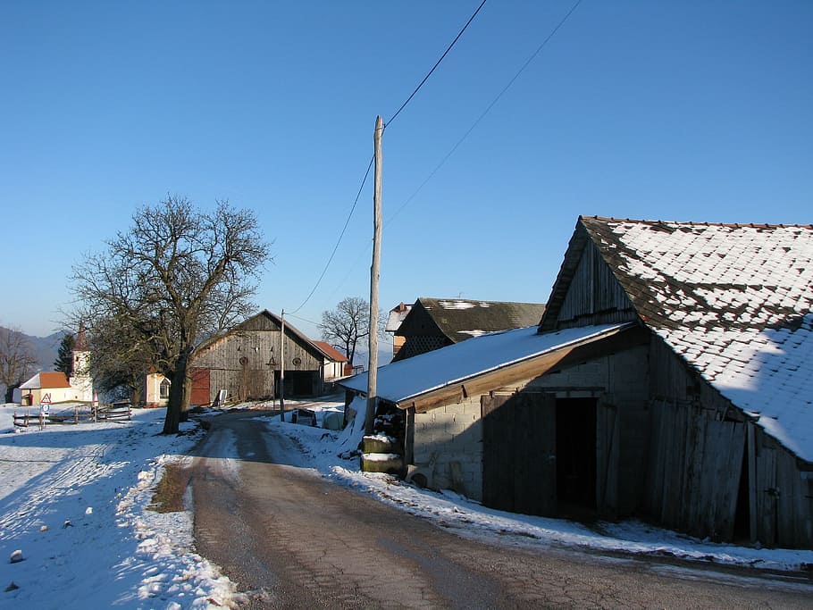 Slovenia, Farm, Barn, House, Road, winter, snow, ice, rural
