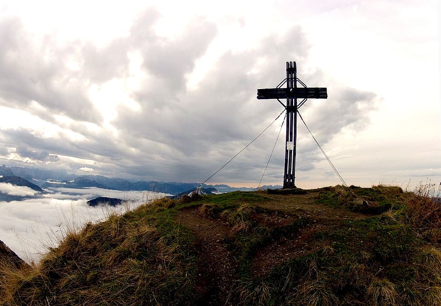 black standing cross on mountain top, summit cross, mountain summit, HD wallpaper