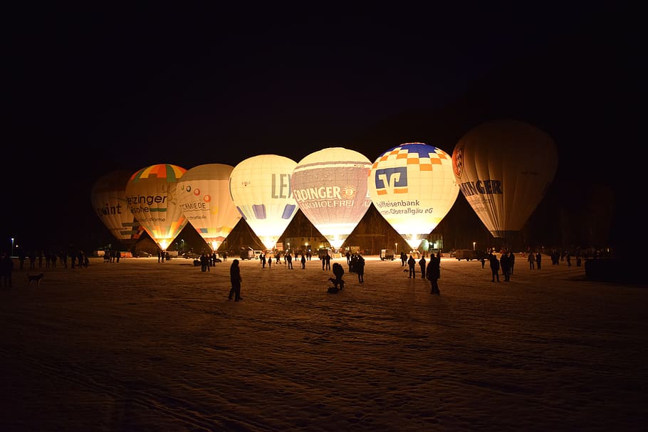 horizontal, balloon, sky, dusk, light, evening, lighting, night photograph HD wallpaper