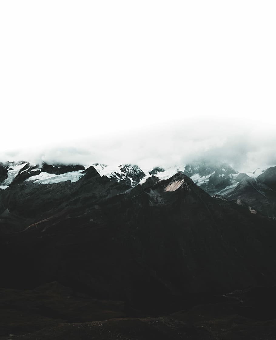mountain range covered with snow and clouds at daytime, aerial photograph of mountain alps HD wallpaper