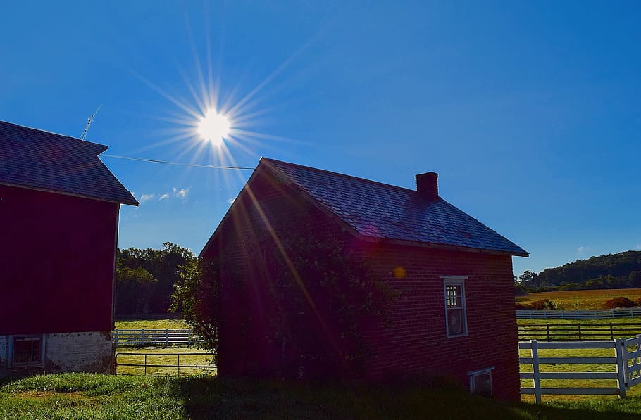 barn, sun, sunrise, sky, blue, rural, nature, agriculture, countryside HD wallpaper