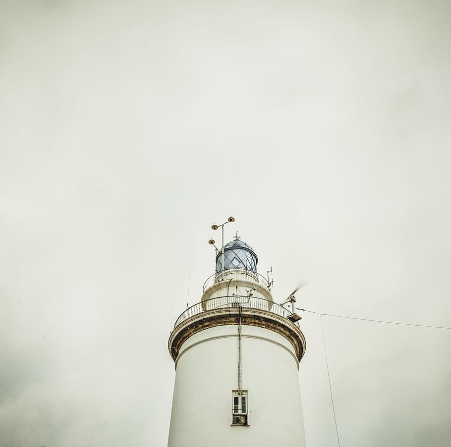 architecture, building, cloudy, fog, light, lighthouse, low angle shot HD wallpaper