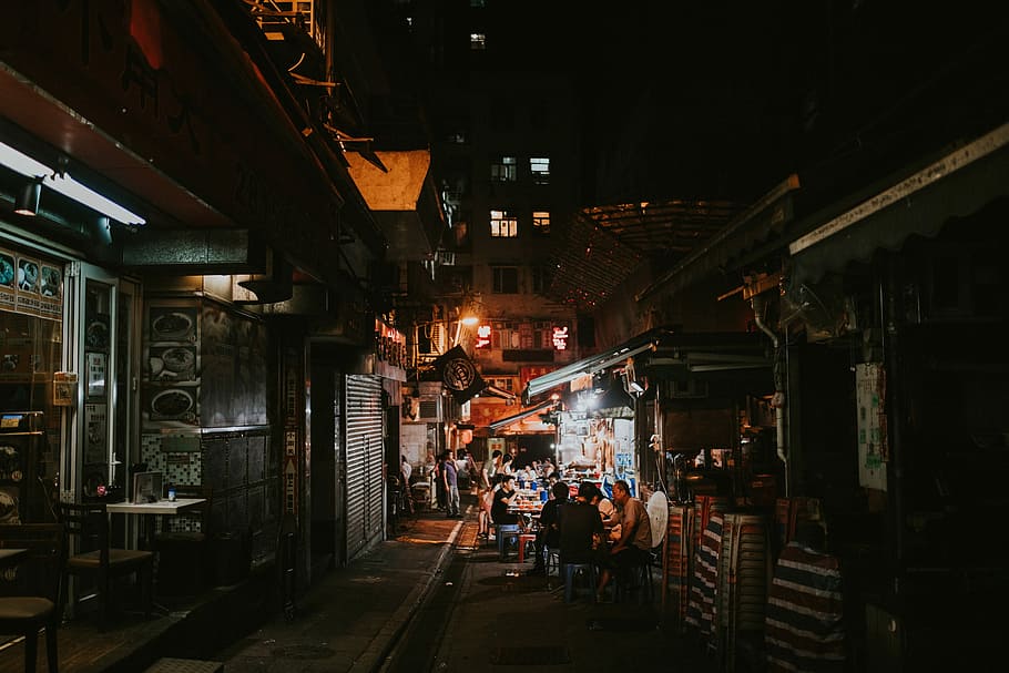 people near houses during nighttime, city, alley, dark, alleyway
