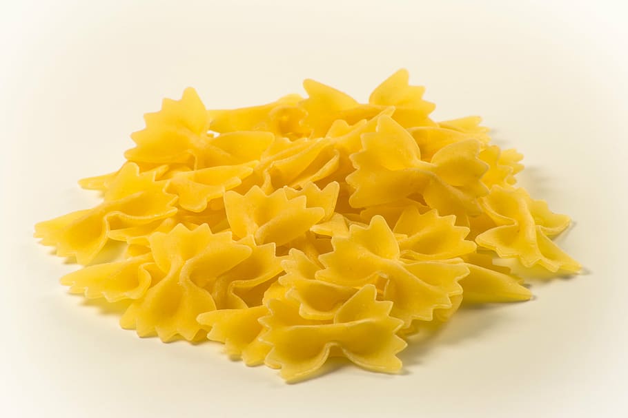 uncooked pasta on white surface, farfalle, food, italian, cuisine