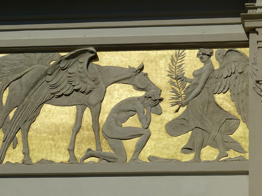 image, relief, antiquity, temple, mythology, horse, wing, man HD wallpaper