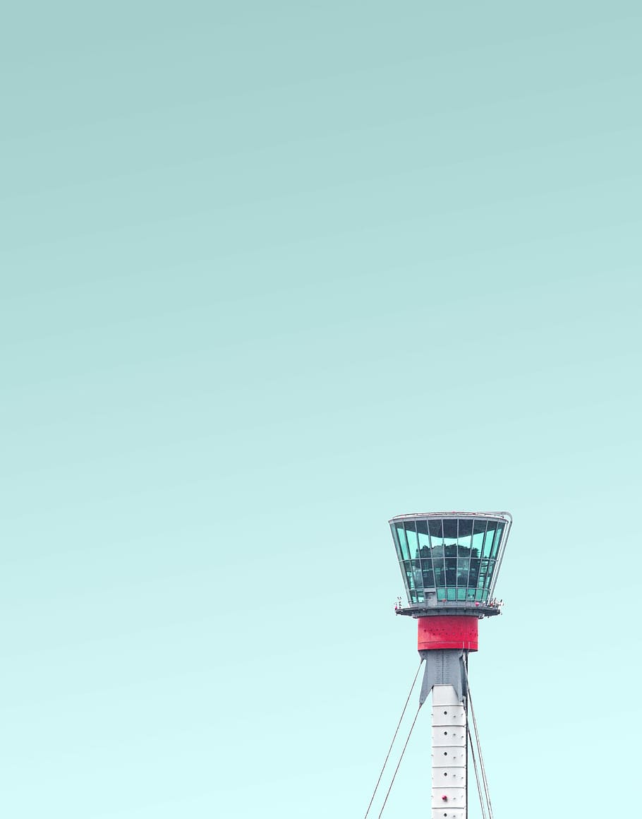 white and red steel tower, tower with glass window, blue, sky HD wallpaper