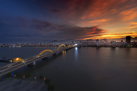 bridge passing calm water, the city, dragon, wave, travel, famous HD wallpaper
