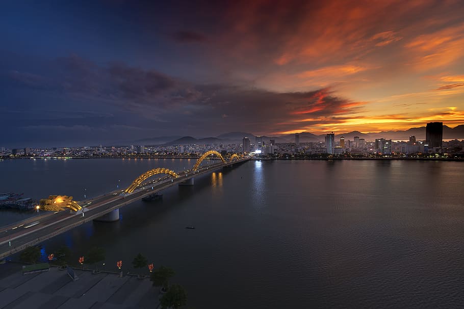 bridge passing calm water, the city, dragon, wave, travel, famous HD wallpaper