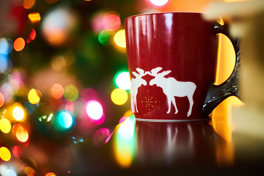 red ceramic mug, coffee, cup, new year, beverage, espresso HD wallpaper