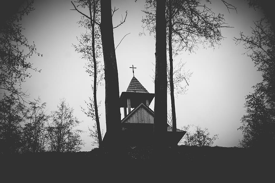 chapel, b w, architecture, nature, trees, clouds, slovakia HD wallpaper