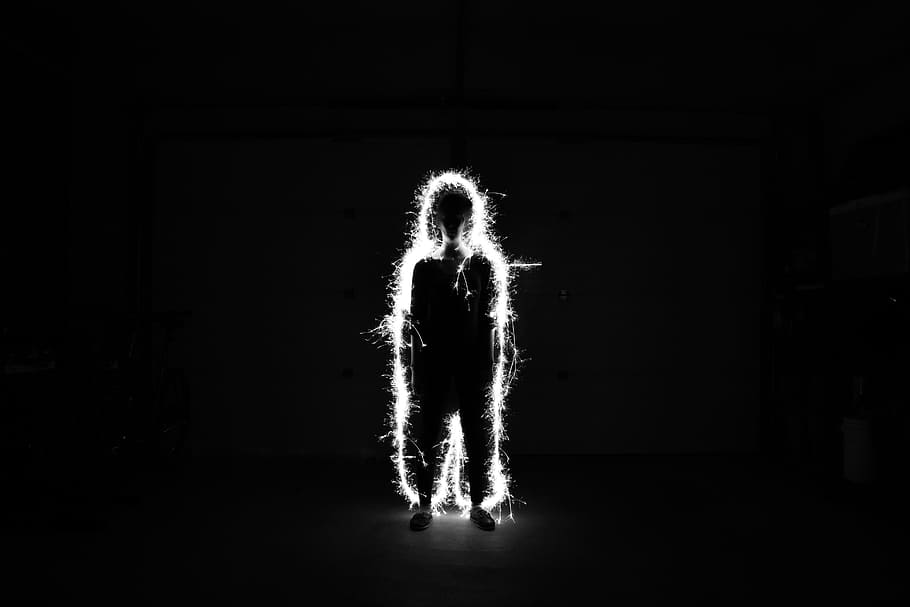 darkness, spark, guy, man, people, black and white, one person HD wallpaper