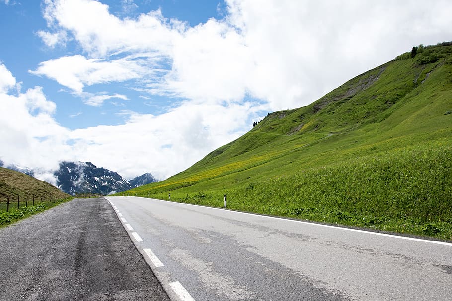 road, alps, austria, transportation, mountain, direction, cloud - sky HD wallpaper