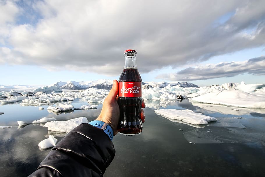person showing photo of bottle of coke in front of icebergs, person holding Coca-Cola beverage bottle HD wallpaper