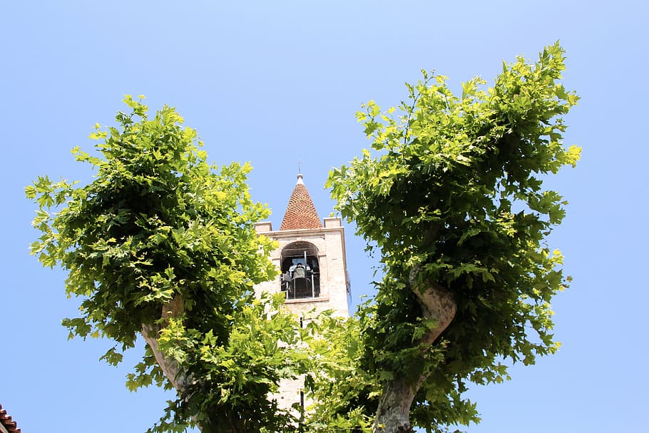 steeple, bells, mediterranean, sky, building, tree, plant, belief HD wallpaper