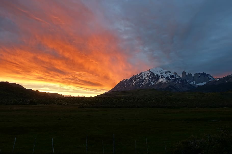 sunset, silhouette of mountain during twilight, cloud, sky, snow HD wallpaper