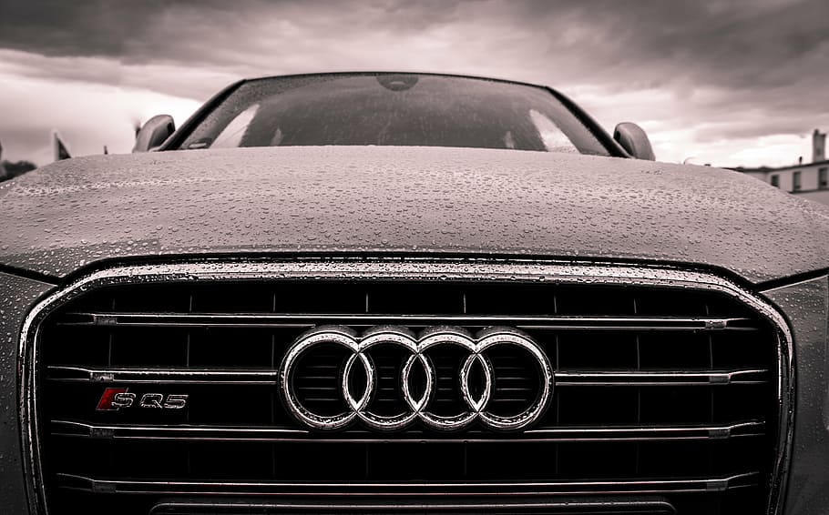 black Audi car, photography, rsq, grille, automotive, hood, raining