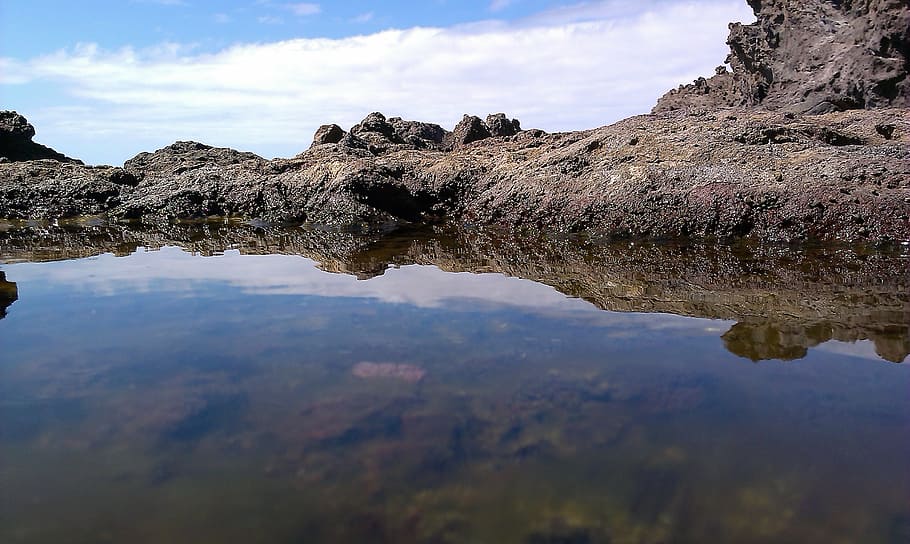 pond, rocks, sea, water, reflection, tranquility, sky, cloud - sky HD wallpaper