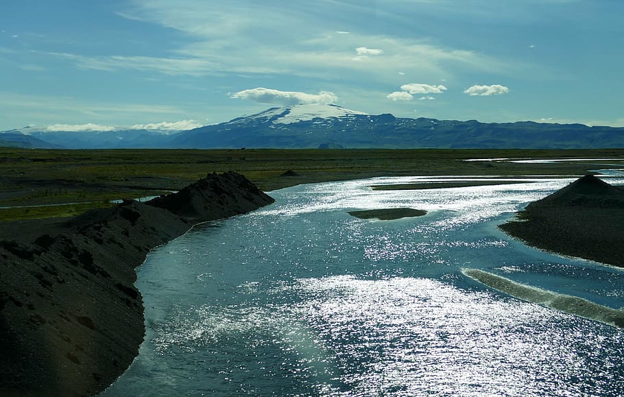 iceland, river, back light, mountains, nature, landscape, glacier river HD wallpaper