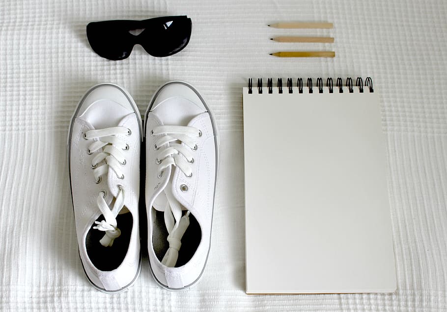 pair of white low-top sneakers near the white notebook, Shoes, HD wallpaper