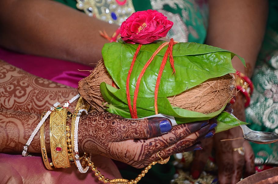 wedding, marriage, indian, hindu, female, coconut, gold, jewellery