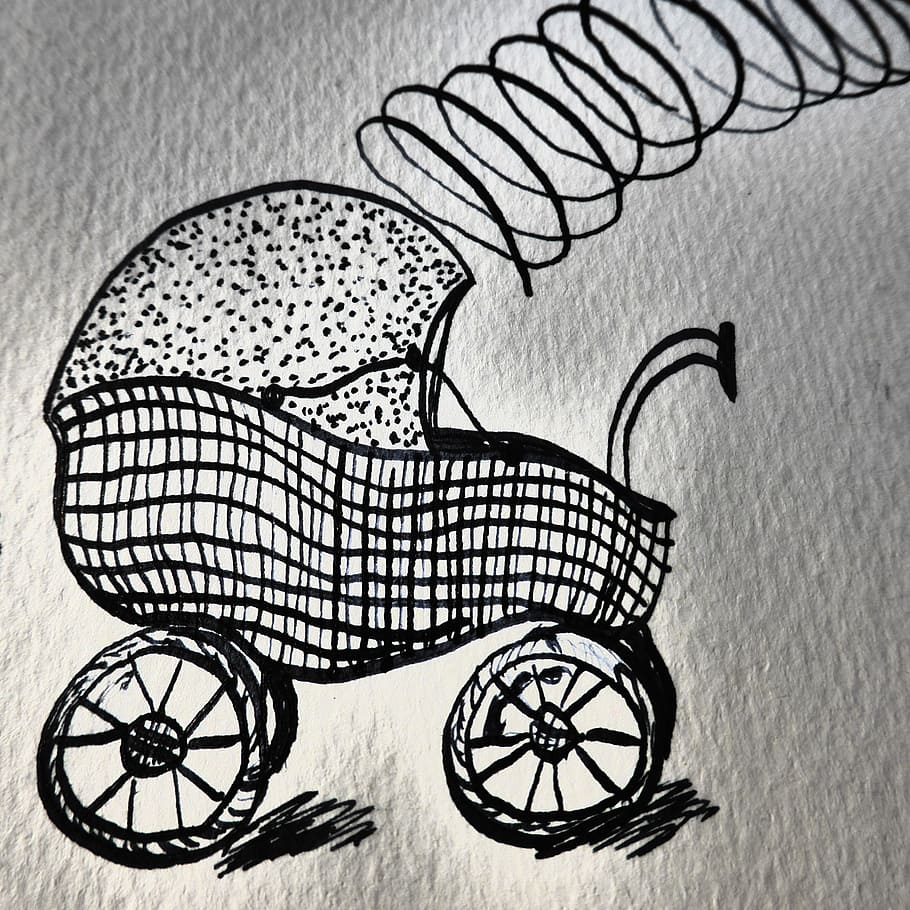 hand drawn sketch, baby carriage, birth, map, congratulations