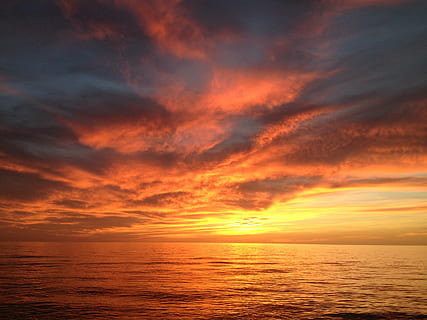sunset, red sky, ocean, dramatic sky, evening, horizon, landscape HD wallpaper