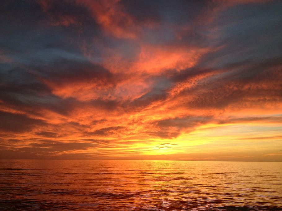 sunset, red sky, ocean, dramatic sky, evening, horizon, landscape HD wallpaper