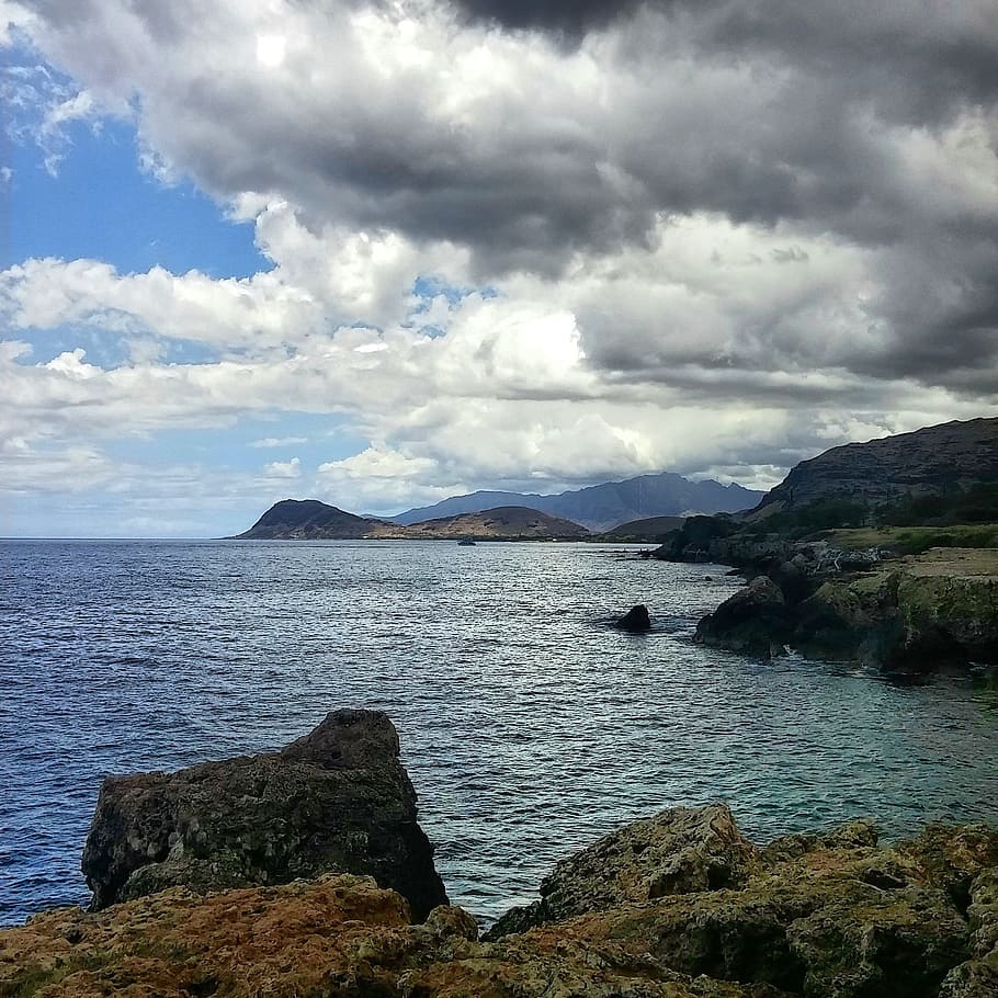 clouds, sky, seascape, coast, outdoors, natural, nature, mountains HD wallpaper