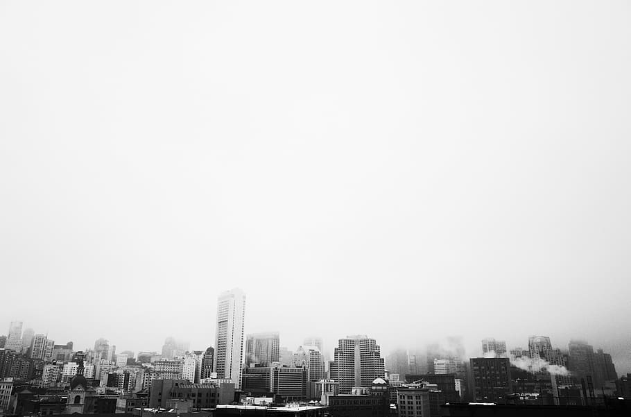 grayscale photography of city buildings, architecture, infrastructure HD wallpaper