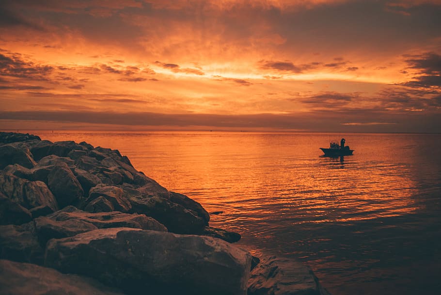 Fire in The Sky, brown rock formation near body of water, sunset, HD wallpaper