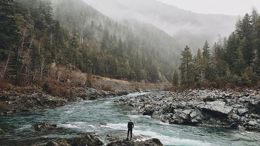 person standing on stone near river, man, wilderness, nature HD wallpaper