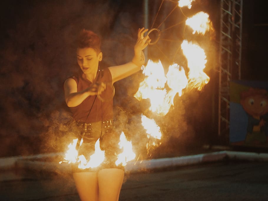 fire, fire show, girl, burning, fire - natural phenomenon, heat - temperature HD wallpaper