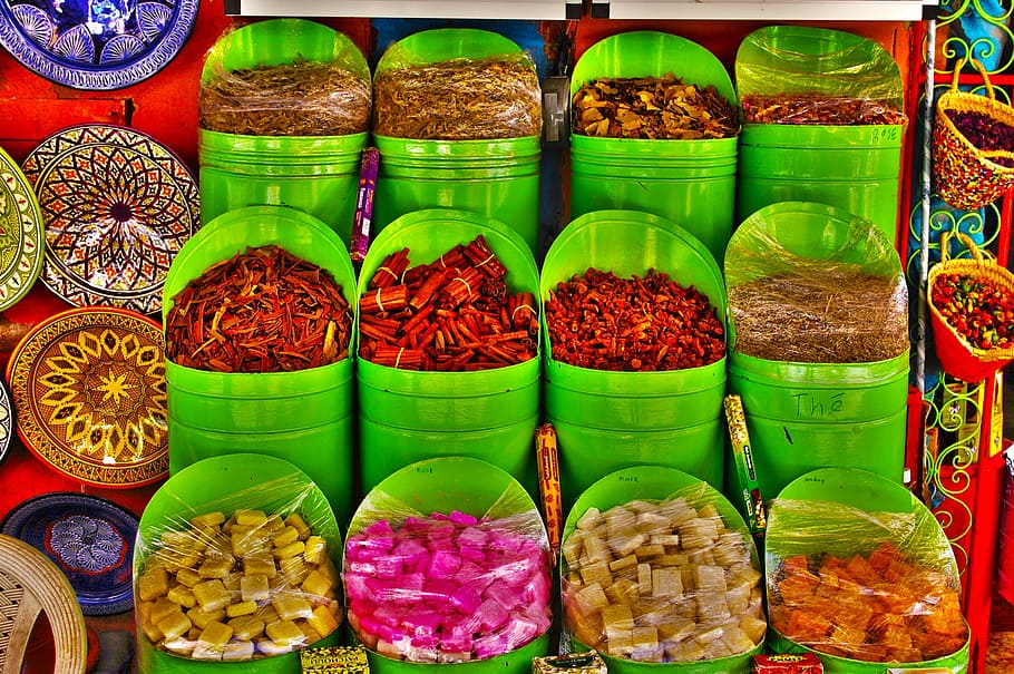 green container lot, Morocco, Souk, Spices, Cubes, marraquech HD wallpaper