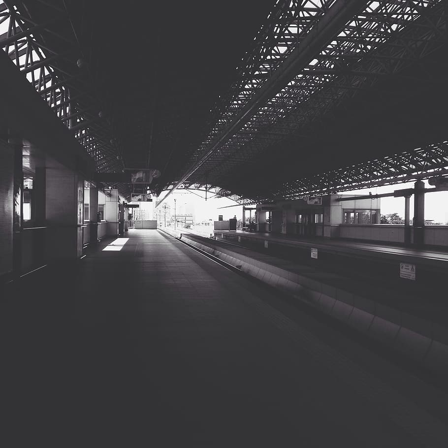 grayscale photography of train railway, photo of train station HD wallpaper
