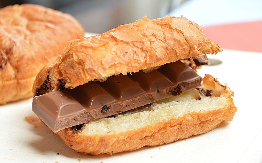 bread with chocolate bar filling, croissant, breakfast, healthy, HD wallpaper