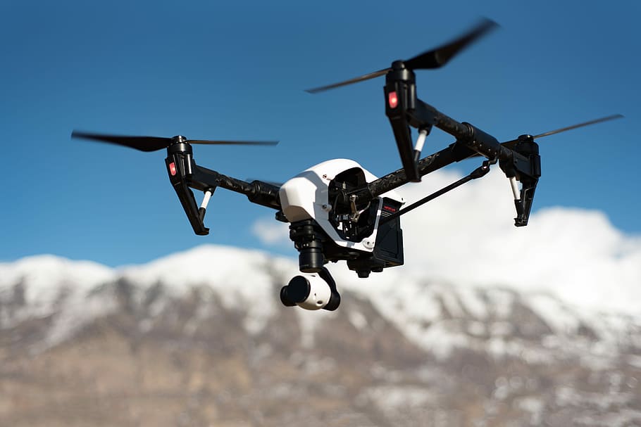 white and black quadcopter hovering under blue skies, white and black drone, HD wallpaper