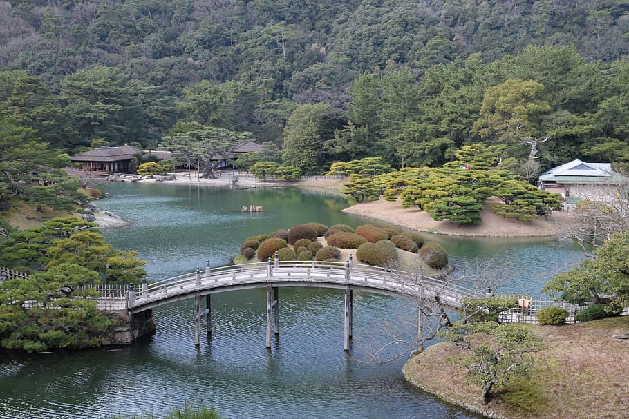 Ritsurin Garden, Shikoku, takamatsu, lake, bridge, water, animal themes, HD wallpaper